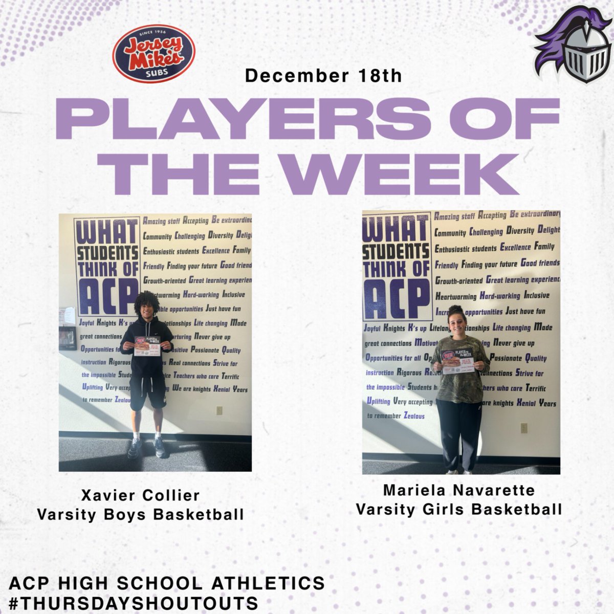 ACPAthletics's tweet photo. Help us celebrate our Jersey Mike’s Players of the Week for Girls & Boys Basketball! Your hard work, leadership, and commitment to The PREP Way continue to set the standard on and off the court. @cusdathletics #ThursdayShoutout #ThePREPWay #StudentAthlete #ACPBasketball https://t.co/xxkRrKtsr9