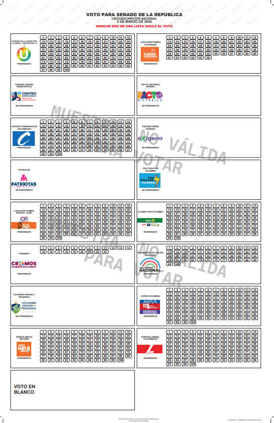 Esta es la tarjeta electoral para las votaciones de Senado que recibirán los colombianos el próximo 8 de marzo. El orden de las 16 listas inscritas se definió por sorteo, realizado este jueves con partidos y movimientos presentes.