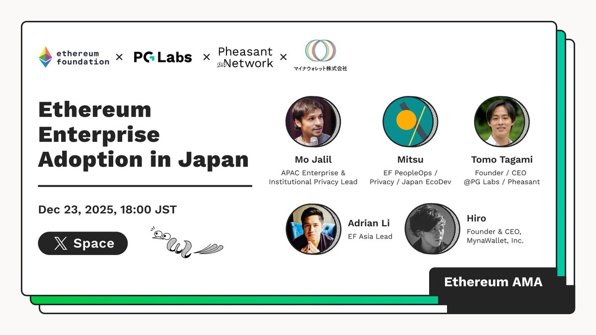 🎙️We’re hosting an AMA together with Ethereum Foundation <a href="/ethereumfndn/">Ethereum Foundation</a> and MynaWallet <a href="/MynaWallet/">マイナウォレット</a>.
🗓️ Dec 23 (Tue) 9:00~ UTC
🏟️ X Space x.com/i/spaces/1dRJZ…

Tomo <a href="/tomohiro_tagami/">Tomo - Pheasant & PG Labs</a>, CEO at Pheasant will be joining the session. Enjoy the conversation and bring your questions🗣️