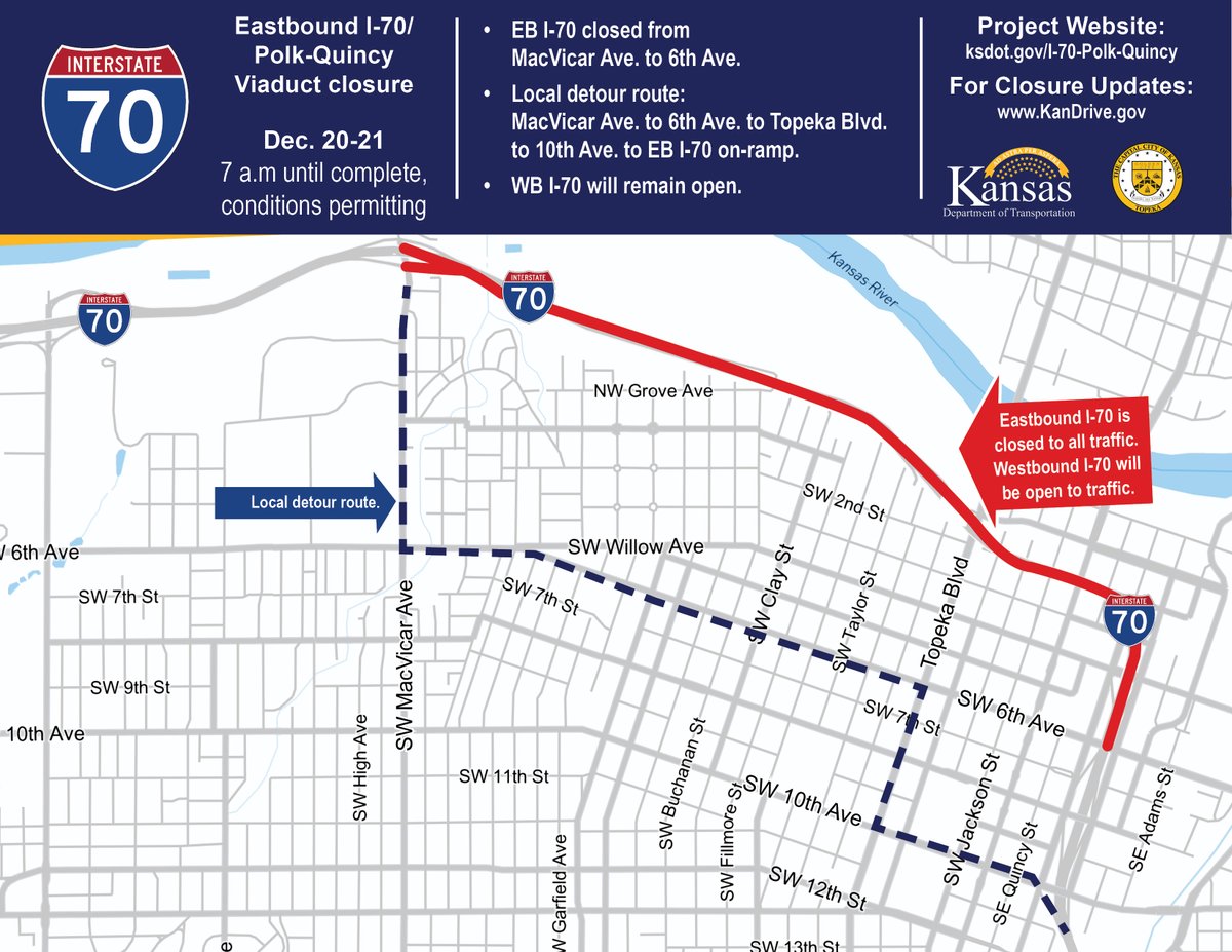 TopekaMetroKDOT's tweet photo. ⛔️I-70 WEEKEND CLOSURE, TRAFFIC CHANGES in TOPEKA
🗓️SAT., 12/20, at 7am - Sun., conditions permitting.
📍EASTBOUND I-70, MacVicar to 6th Ave.
⚠️PLEASE PLAN AHEAD!
✅https://t.co/SH2gzrUWxE for updates.
▶️▶️DETAILS: https://t.co/T2YHvCpZ0o https://t.co/vMhH7r3yIm
