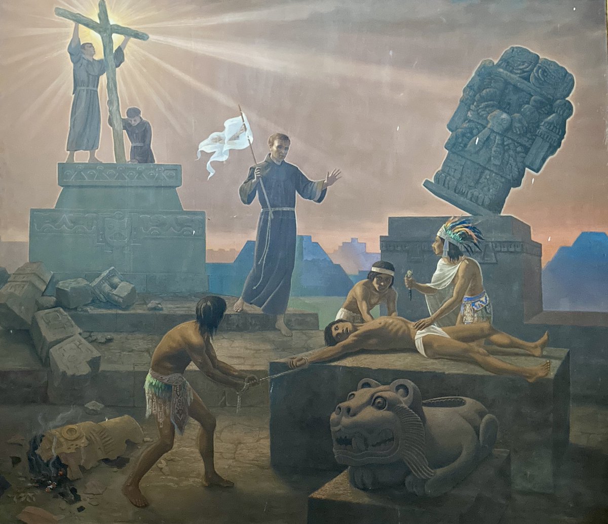 PadreJRG's tweet photo. Sacrificios humanos prehispánicos, ¿fake news de los misioneros?

Para quien le interese la verdad, transcribo un poco de lo que narra fray Bernardino de Sahagún, quien por 60 años convivió con los indígenas y, basado en sus testimonios, escribió sobre su historia y cultura:

"El primero mes del año se llamaba entre los mexicanos 'atlcahualo'... En el primer día de este mes celebraban una fiesta a honra, según algunos, de los dioses Tlaloques que los tenían por dioses de la pluvia...
En este mes mataban muchos niños; sacrificábanlos en muchos lugares y en las cumbres de los montes, sacándoles los corazones a honra de los dioses del agua, para que les diesen agua o lluvias. 
A los niños que mataban componíanlos con ricos atavíos para llevarlos a matar, y llévanlos en unas literas sobre los hombros, y las literas iban adornadas con plumajes y con flores; iban tañendo, cantando y bailando delante de ellos.
Cuando llevaban a los niños a matar si lloraban y escuchaban muchas lágrimas, alegrábanse los que los llevaban, porque tomaban pronóstico de que habían de tener muchas aguas ese año.
También en ese mes mataban muchos cautivos a honra de los mismos dioses del agua; acuchillábanlos primero, peleando con ellos, atados sobre una piedra como muela de molino, y desque los derrotaban a cuchilladas, llevábanlos a sacar el corazón al templo que se llama Iopico.
Fray Bernardino de Sahagún, Historia General de las Cosas de la Nueva España, Ed., Porrúa, México (2024), p. 75.

¡Gracias al Dios verdadero que envió a los misioneros españoles a estas tierras!