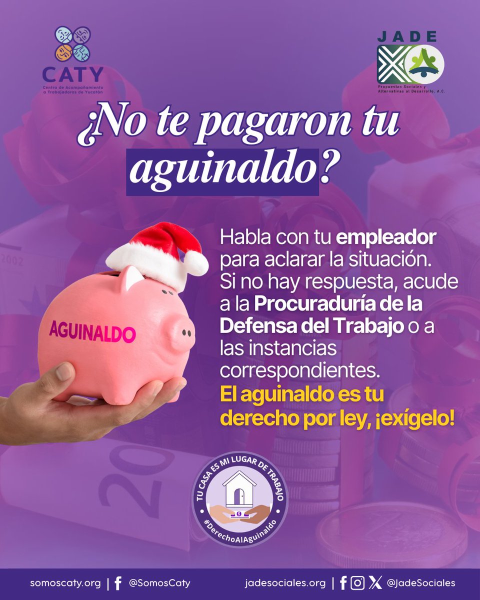 ¿No te pagaron tu aguinaldo? 💰
Habla primero con tu empleador para aclarar la situación.
Si no obtienes respuesta, acude a la Procuraduría de la Defensa del Trabajo.

#DerechoAlAguinaldo #DerechosLaborales #TrabajadorasDelHogar #THR #SomosCATY #JadeSociales