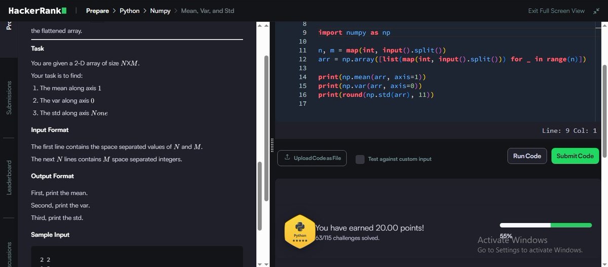 MRout75802's tweet photo. Day 88/100 ✅
💡 Challenge: NumPy Mean, Var, and Std
🔹 Calculated mean along rows using axis
🔹 Computed variance column-wise
🔹 Found standard deviation of the entire array
#Python #100DaysOfCode #HackerRank #NumPy #ProblemSolving #zigbee https://t.co/rcTvqNv6bA