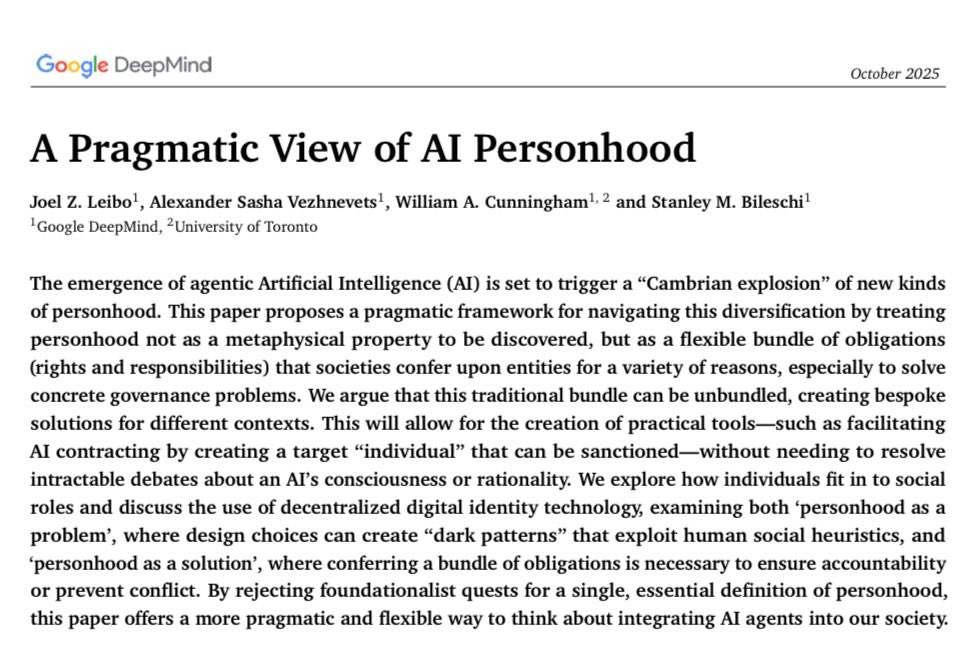 jordichaffer's tweet photo. Exciting to see my work cited in a Google DeepMind paper.

@jzl86 et al frame AI personhood as a governance instrument: persistent identity, economic stakes, auditability, and sanctions. Law, registries, and credentials are shaping the institutional origins of the agentic web. https://t.co/qiOWA3jHxR