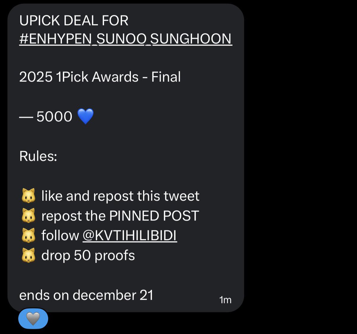 UPICK DEAL FOR #SUNOO #SUNGHOON

2025 1Pick Awards - Final

— 5000 💙 

Rules:

🐱 like and repost this tweet
🐱 repost the PINNED POST
🐱 follow <a href="/KVTIHILIBIDI/">IHILIBIDI KPOP VOTING SHOP</a>
🐱 drop 50 proofs

ends on december 21
