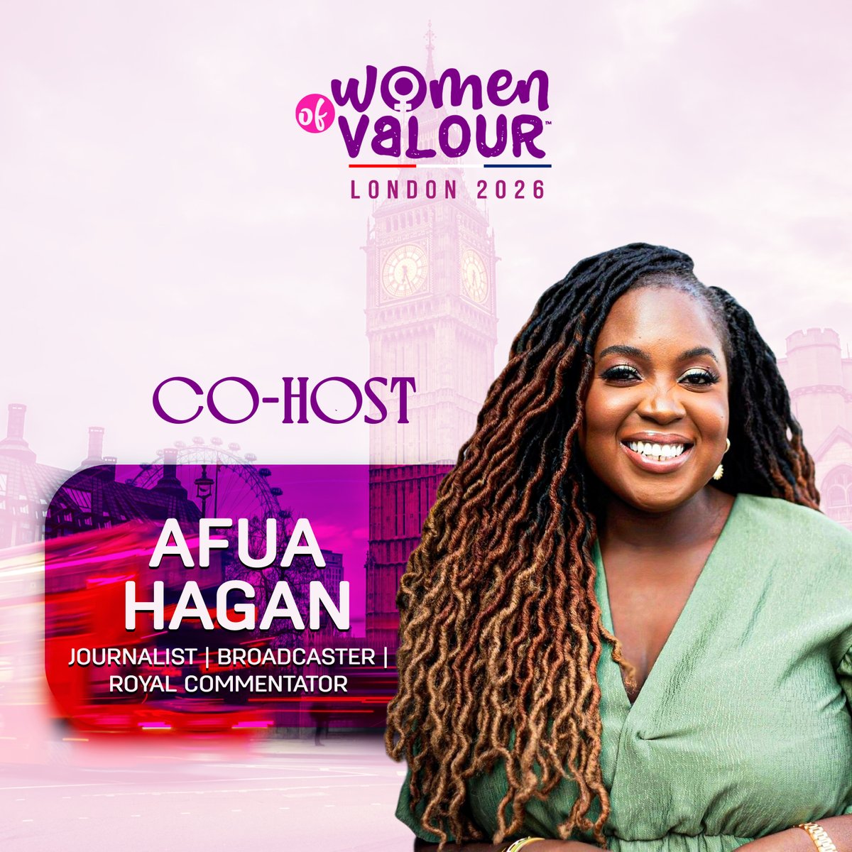 We are to pleased to announce Afua Hagan, award winning broadcaster, diversity advocate and Royal commentator as co-host for Women of Valour London 2026.

Click to purchase your ticket if you’re in the UK already or do not need a UK visa tix.africa/wovlondon2026