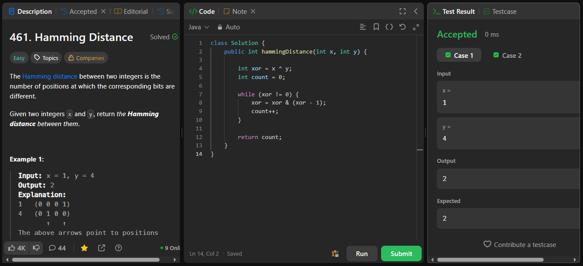 coder_s_Snippet's tweet image. #DailyCodingChallenge
Day 277
Task: Find how many bit positions differ between two integers.
Solution: XOR the numbers to mark differing bits, then count the set bits using xor &amp;amp; (xor - 1) until zero.
#LeetCode