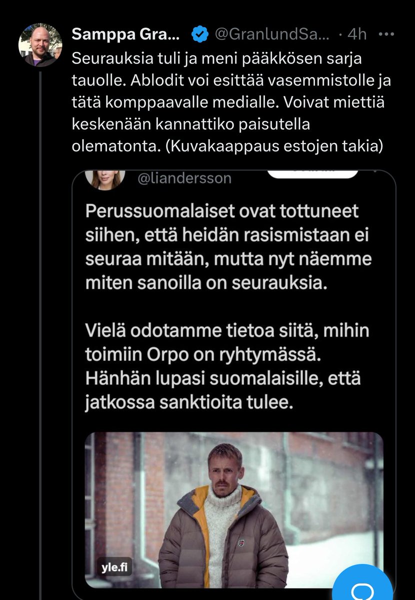 Mä en jaksa tätä. Miksei vois vaan nostaa kättä pystyyn virheen merkiksi?

Otetaan nyt verrokkina se Elon Muskin heilaus, voit olla kumpaa mieltä tahansa siitä, mut eleen toistaminen on se tyhmin temppu.

Ja sit ajatus et niiden vika jotka sano et 'vitun tyhmää' kertoo kaiken PS