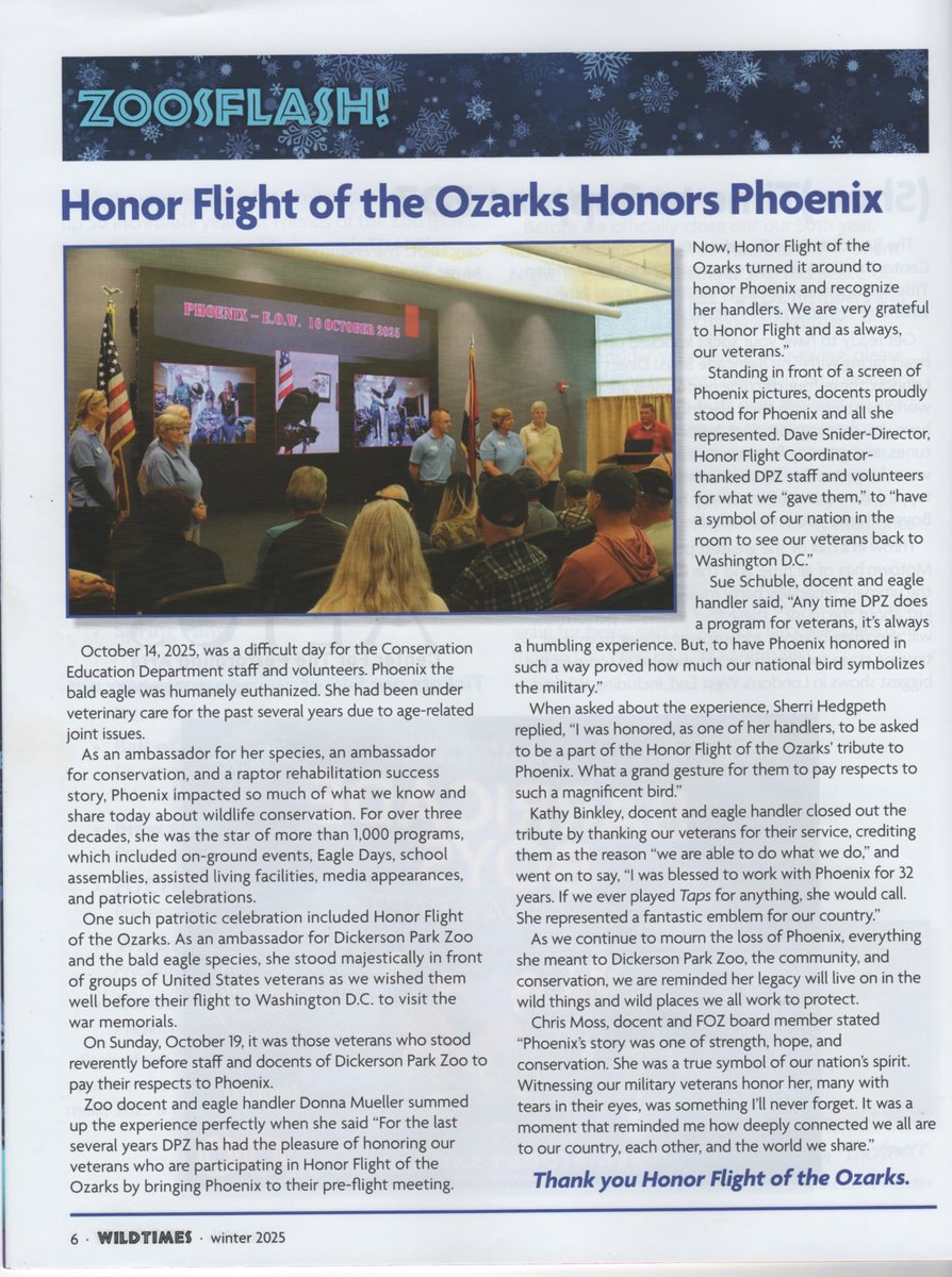 "Friends of the Zoo publishes a quarterly news magazine about things at Dickerson Park Zoo.  We were the feature story in the Winter 2025 issue. Thanks to FOZ for our story.  Thanks also to Dave Snider for spearheading our participation." 
Gary Ellison, Board of Director
