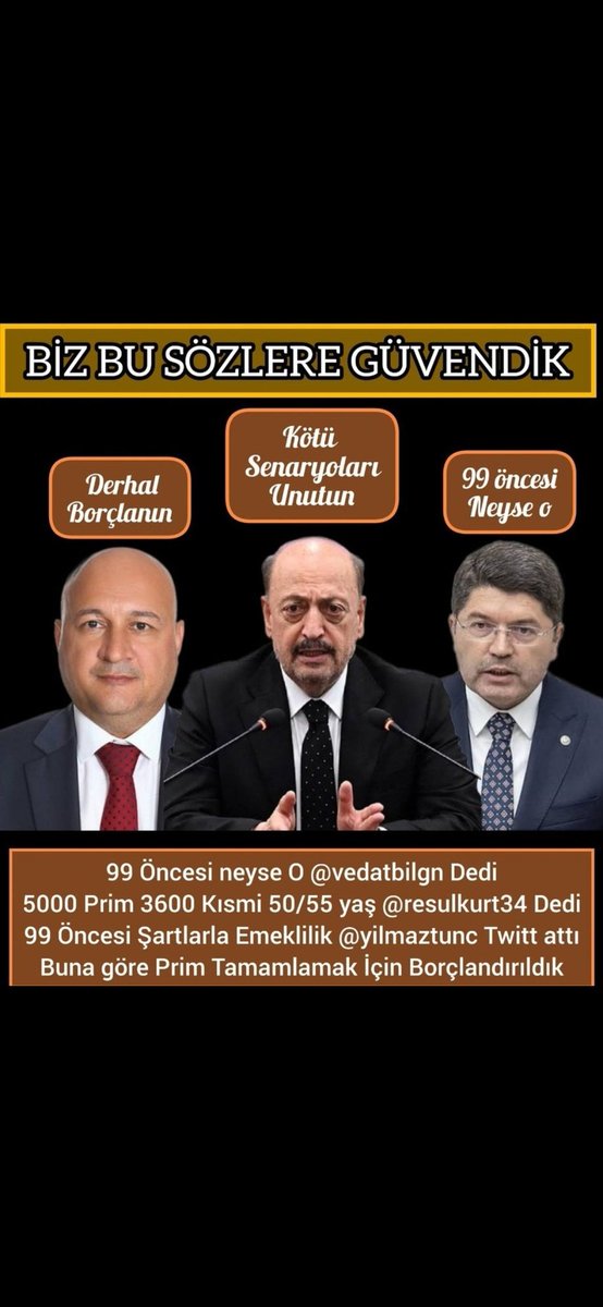 🔴MASADA YER Mİ KALMAMIŞTI 5000 KISMİYE ⁉️
🔵YASAYA SIĞMAYAN VİCDANLARA SIĞDI MI ⁉️

3 Mart 2023 tarihinde çıkarılan 7438 sayılı #EYT Yasası, mağdur yüzbinler için bilinçli bir dışlama belgesi olmuştur‼️
#BütçeyeSığmadıEmekli
#YasayaSığmadı5000Kısmi
#EmeklilikteYaşaTakılanlar