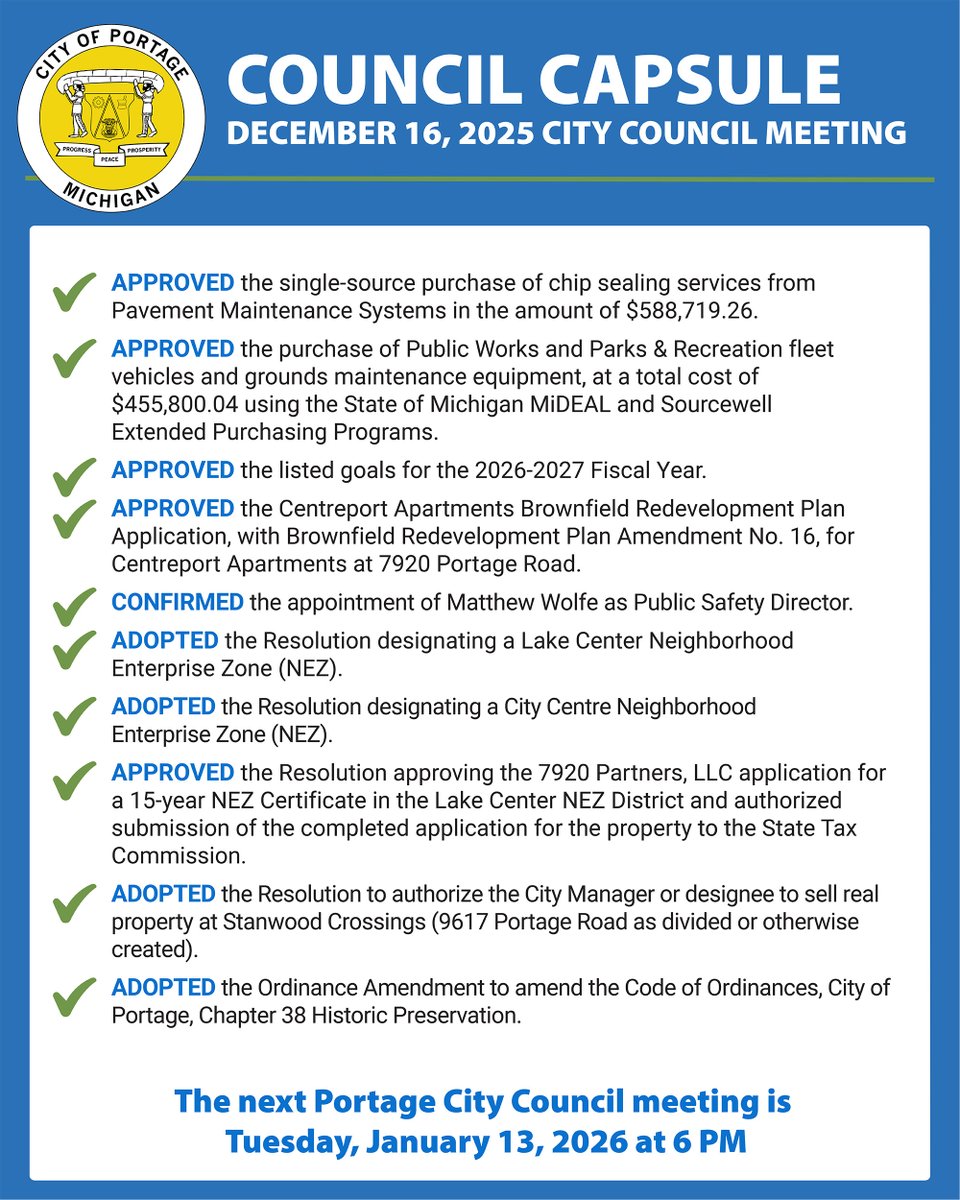 ❓Did you miss the December 16 Portage City Council meeting? Here are the actions that were taken. 📺 View the complete meeting recording at portagemi.portal.civicclerk.com/event/2061/med…

Want to receive the Council Capsule via email or text? Visit portagemi.gov/list.aspx to sign up!