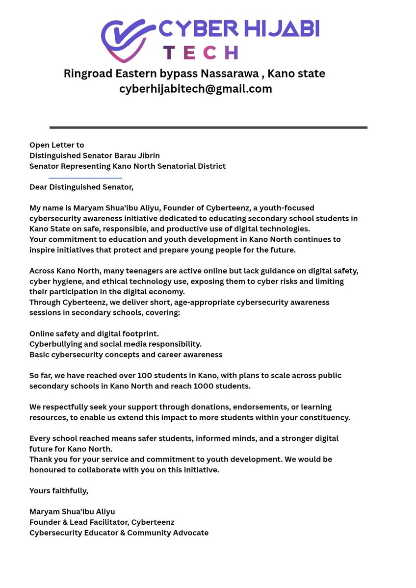 Cyberhijabitech's tweet image. Cyberteenz is an initiative we plan to to train secondary schools students.
Please help us tag @barauijibrin
Every like every comment and repost will go a long way.
X please do your thing .

Thank you 🙏🙏🙏
@Adamu_Mavakumba @_bebco