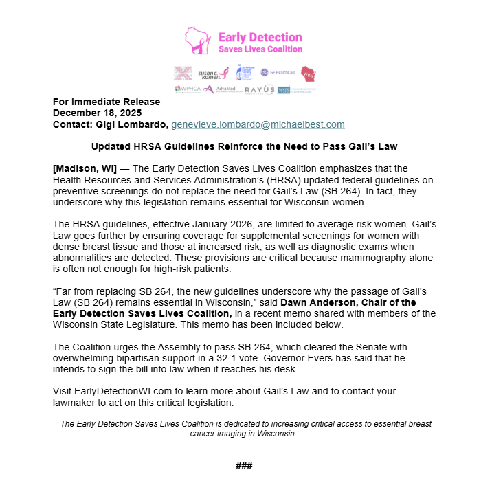 DetectEarlyWI's tweet image. The updated HRSA Guidelines only reinforce the need to pass Gail’s Law.

Read our statement below.