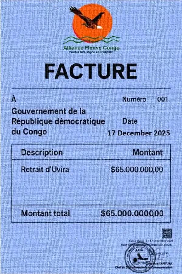 une facture de #65Millions _USD au gouvernement congolais comme condition à son retrait d’Uvira. Cette compensation de guerre  couvrirait, selon le #M23AFC, la mort des milliers de soldats #Rwandais, blessés, munitions et équipements engagés lors de la prise d',Uvira voilà les 😂