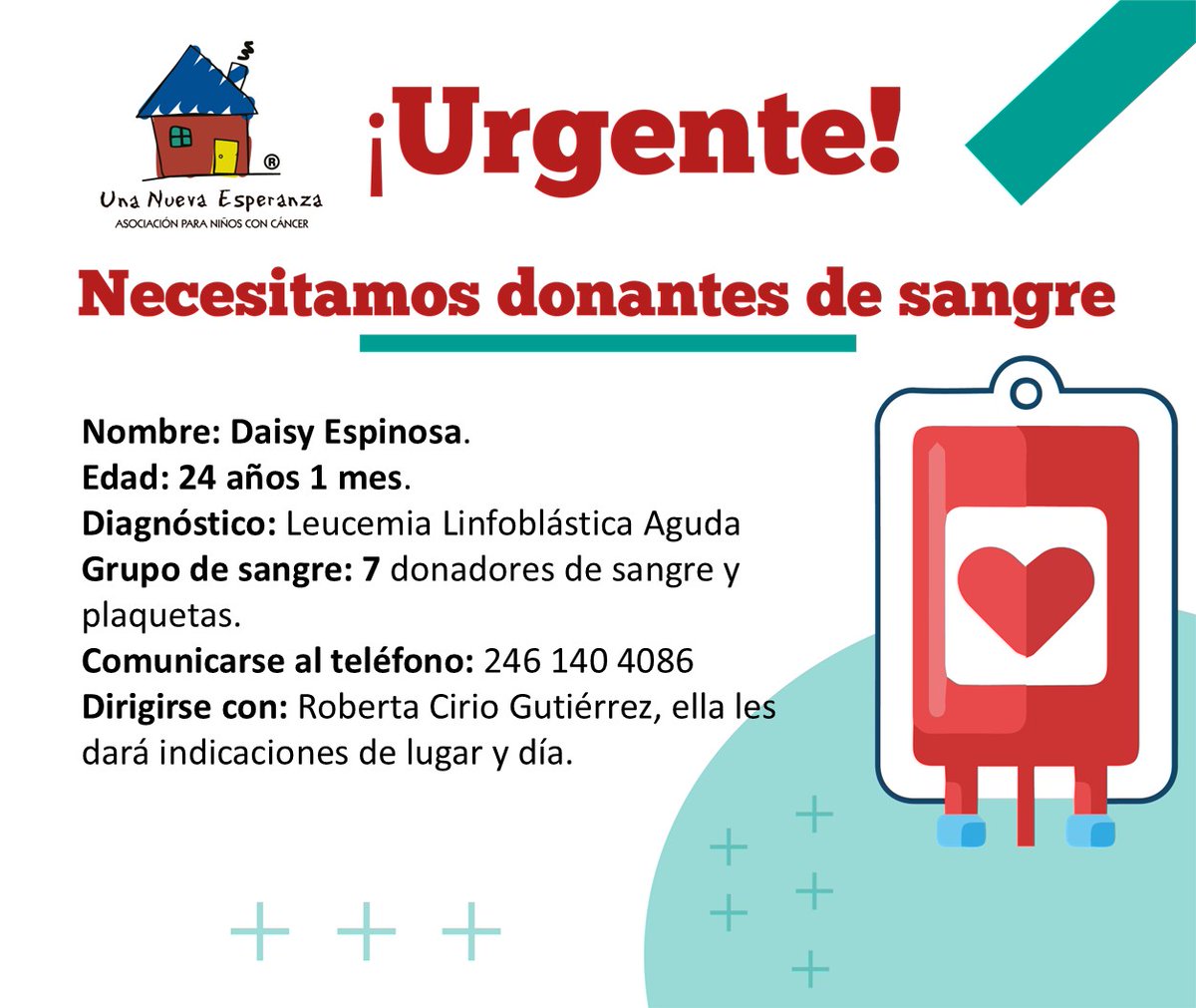 ¡URGENTE! 
Daisy necesita nuestra ayuda💙 Donadores de sangre 🎗
.
.
.
<a href="/TelevisaPuebla/">Televisa Puebla</a> <a href="/Imagen_Puebla/">Imagen Puebla</a> <a href="/oscarlozanomx/">Oscar Lozano</a>
<a href="/Ubarrancotv/">Ulvia Barranco</a> <a href="/aztecapuebla/">TV Azteca Puebla</a> <a href="/sintesisweb/">Síntesis Puebla</a>
 #Puebla #donasangre #ServicioALaComunidad #cancerinfantil #niñosconcancer #DonaSangreDonaVida #juntospodemosmas