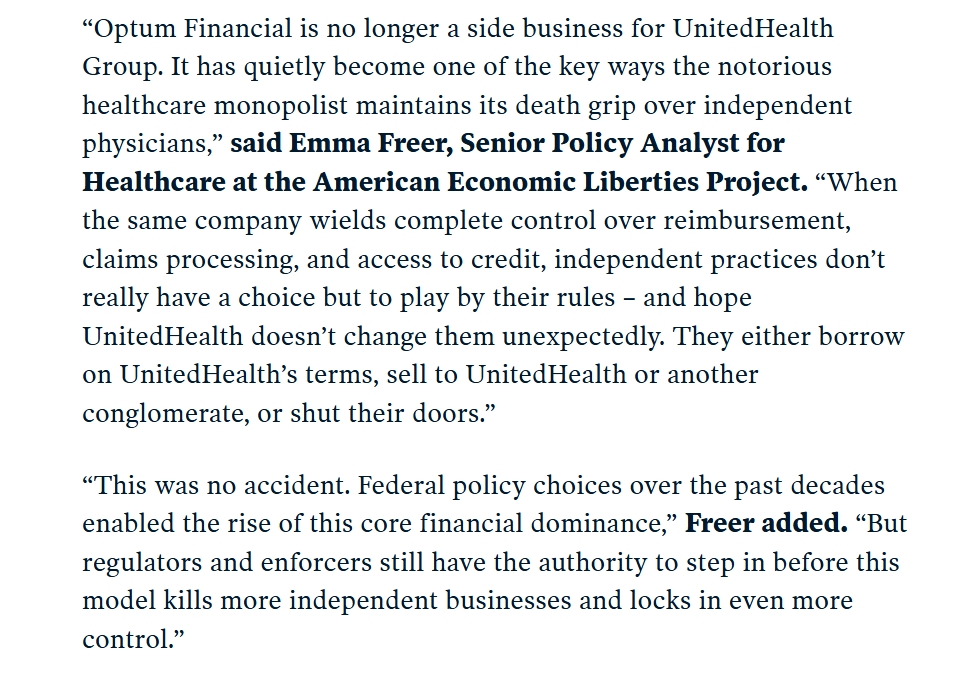 🚨NEW: Our latest brief from <a href="/freer_emma/">Emma Freer</a> explains how UnitedHealth Group’s FDIC-insured industrial bank has become another lever to trap independent practices.

"This was no accident. Federal policy choices over the past decades enabled the rise of this core financial dominance."