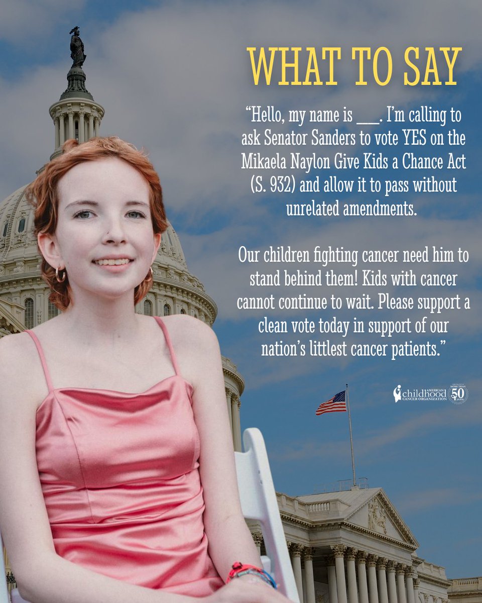 accorg's tweet photo. 🚨 URGENT: Call @sensanders TODAY for kids with cancer 🚨

We are ONE step away from passing the Mikaela Naylon Give Kids a Chance Act. 

Call Sen. Bernie Sanders TODAY and urge him to support a clean, immediate vote.

DC: 202-224-5141 | VT: 802-862-0697 https://t.co/X2Dk0a7Fjw