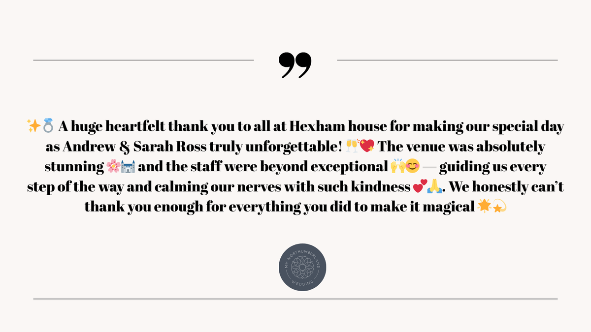 What amazing feedback  🤍 Thanks for choosing our wonderful #hexhamhouse for your big day - it means the world to us 🤍
Did you know stunning civil venue has not one but 2 stunning ceremony spaces? Get in touch to find out more 🤍#yourdayyourway #northumberlandweddingvenue