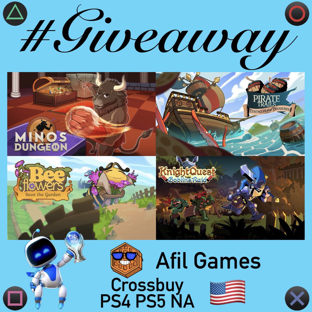 🎁 #Giveaway
🎮 Minos Dungeon 
🎮 Pirate Trails: Tentacles and Treasures
🎮 Bee Flowers: Save the Garden
🎮 Knight Quest: Goblins Raid
💬 Want a specific one Comment
🗝️ #PS4 #PS5  
🔄 Cross-Buy Code
🌐 🇺🇸 NA
🔁 Repost ❤️ Like 👤 Follow 
<a href="/PSN_Robert2567/">Robert2567</a>  <a href="/AfilGames/">Afil Games</a> 
Winners in 72h