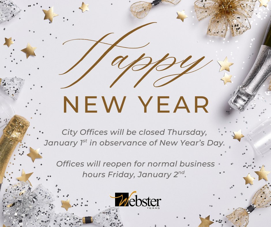 New Year's Office Closure: City Offices will be closed on Thursday, January 1st in observance of the holiday. Offices will reopen for normal business hours on Friday, January 2nd. 

Republic Services will resume trash pickup on Monday, January 5th.