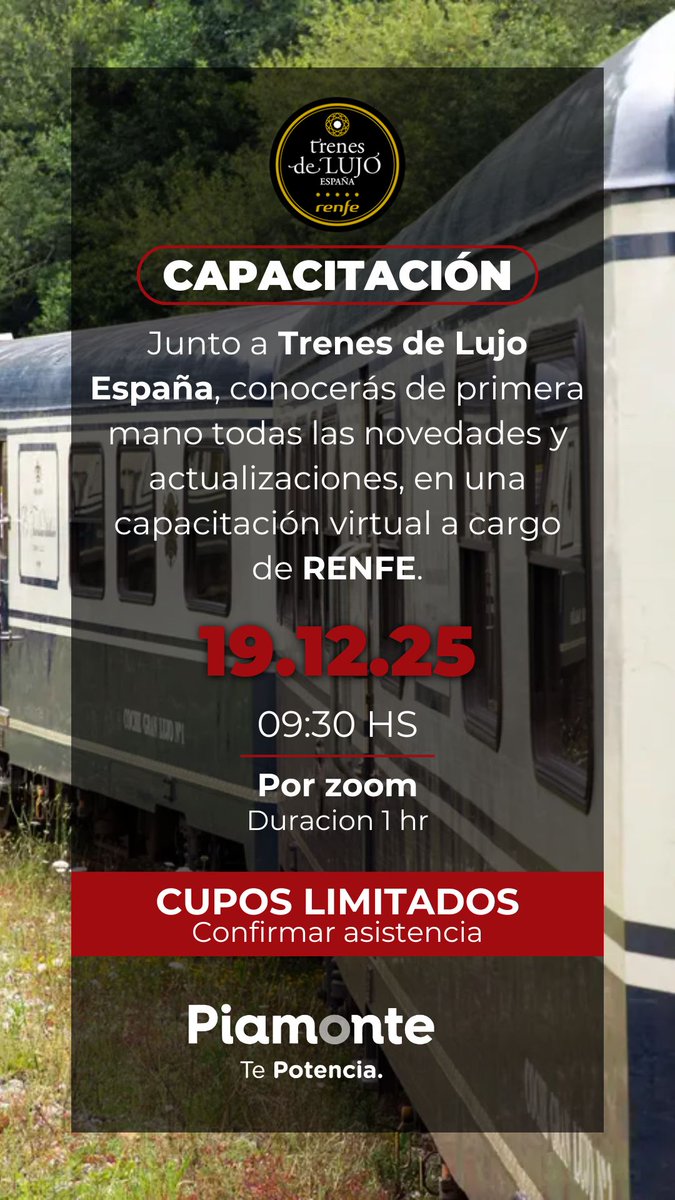 gmviajes's tweet photo. Tenemos el agrado de invitarlos a la capacitación virtual, de  Trenes de Lujo - Renfe y Organización Piamonte. Este producto de se encuentra integrado en nuestra herramienta NOVA. La invitación es exclusiva para agencias de Viajes y pueden inscribirse en el siguiente link https://t.co/fjvy4JFJBC