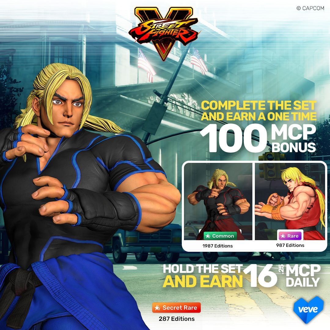 The <a href="/StreetFighter/">Street Fighter</a> collection continues as Ryu's best friend and ultimate rival, Ken, joins the battle. veve.me/collectibles/e… 

COMPLETE THE SET!

🔹 COMPLETE the set and earn a one time 100 MCP Bonus!
🔹 HOLD the set and earn 16.25 MCP Daily!

#VeVe #StreetFigher #Ken #Capcom