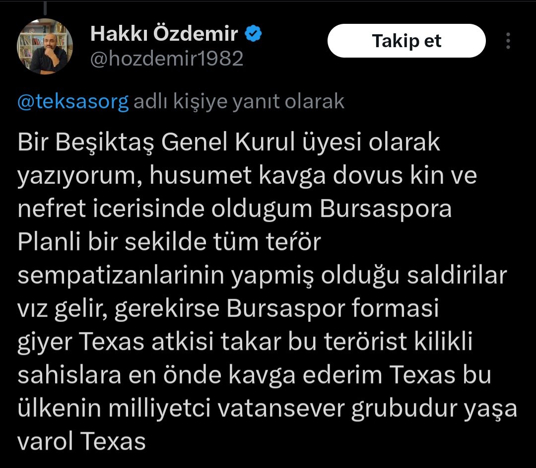 Bir Beşiktaşlı genel kurul üyesinin destek paylaşımı:

“Bursaspor forması giyerim, Teksas atkısı takarım; en önde durur, mücadele ederim.”
