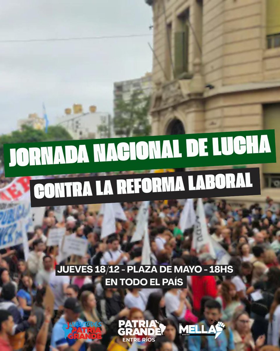 Nos vemos hoy en la calle para enfrentar la reforma laboral de Milei y la reforma
previsional de Frigerio. 

A seguir luchando por una patria con Justicia Social