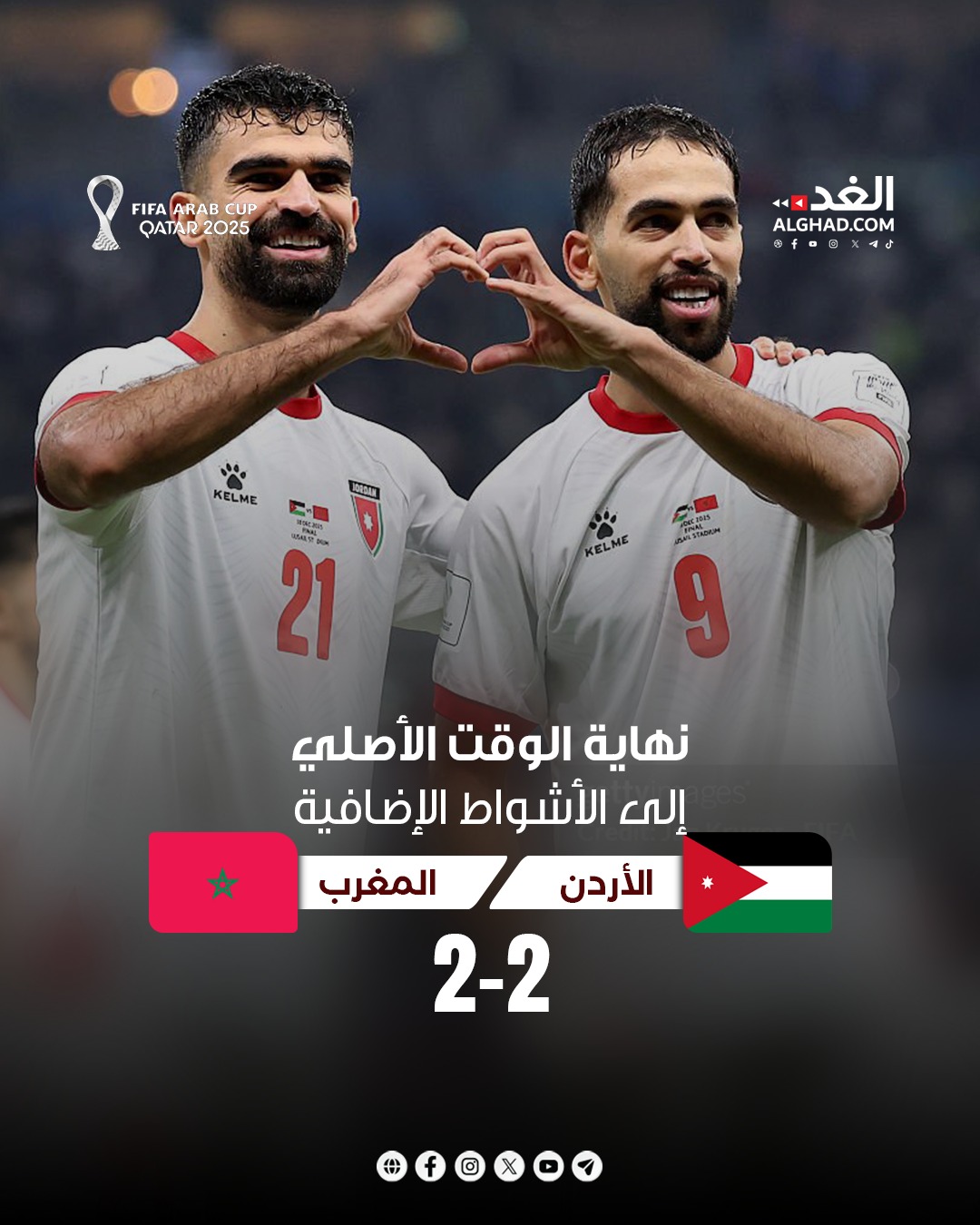 نهاية الوقت الأصلي بالتعادل بهدفين لهدفين والمباراة تتجه للأشواط الإضافية. الأردن 2-2 المغرب #جريدة_الغد 