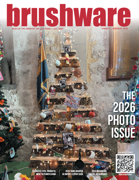 BrushwareMag's tweet photo. Our Jan-Feb 2026 Photo Issue is live! Featuring Lisa Anderson on positioning strategies for manufacturers, Marion Keller's report on Stainless Steel Products' new PA facility, plus Q3 import/export analysis. See the innovation driving the #brushindustry: https://t.co/w2Cl4sXJWW https://t.co/uPQBdVyDDt