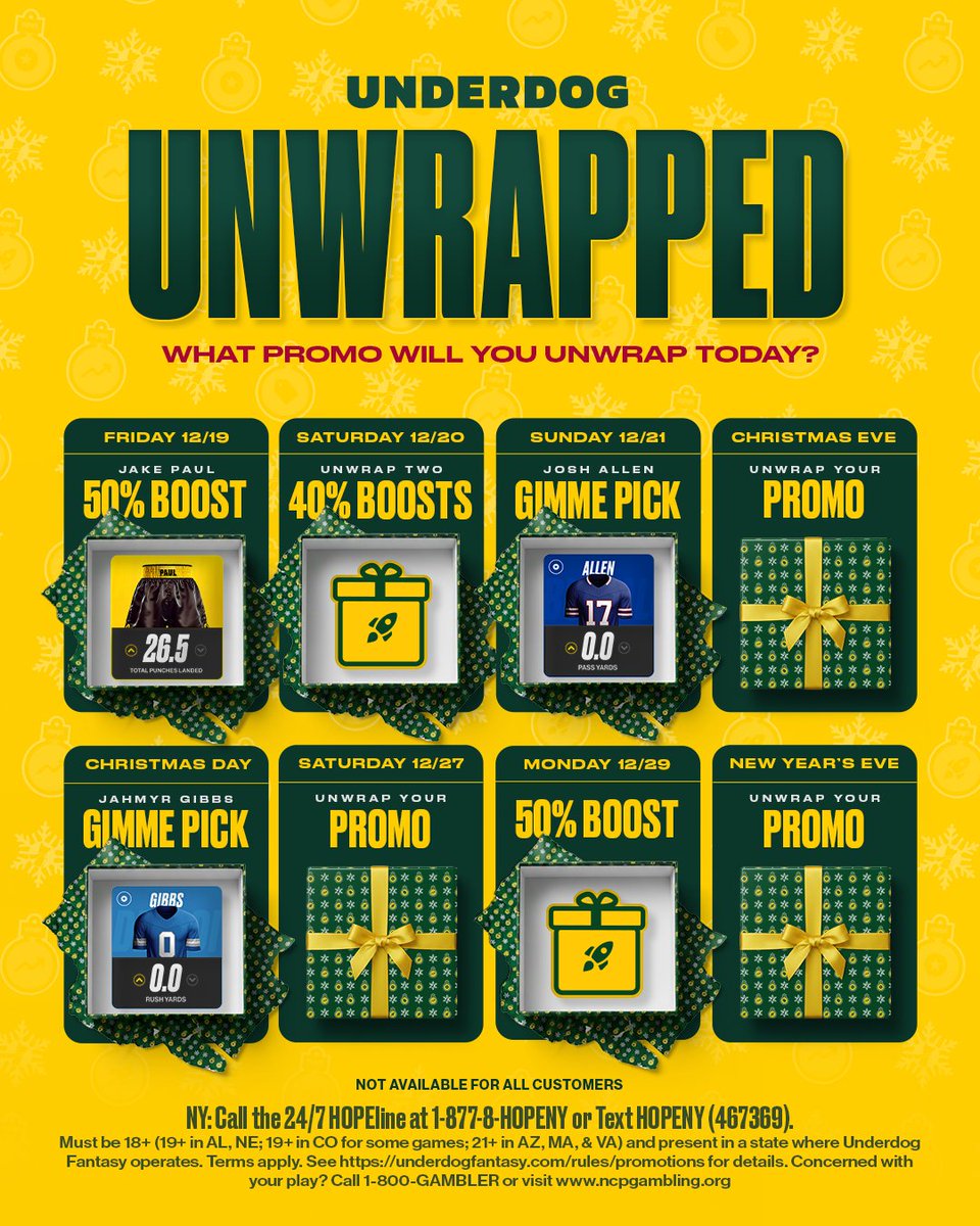Underdog's tweet photo. The Underdog Unwrapped promo lineup, fully revealed!

🎁 Josh Allen Gimme Pick
🎁 Jahmyr Gibbs Gimme Pick
🎁 50% Boost for Jake Paul fight
🎁 Many more promos to unwrap https://t.co/lX71VKFtZY