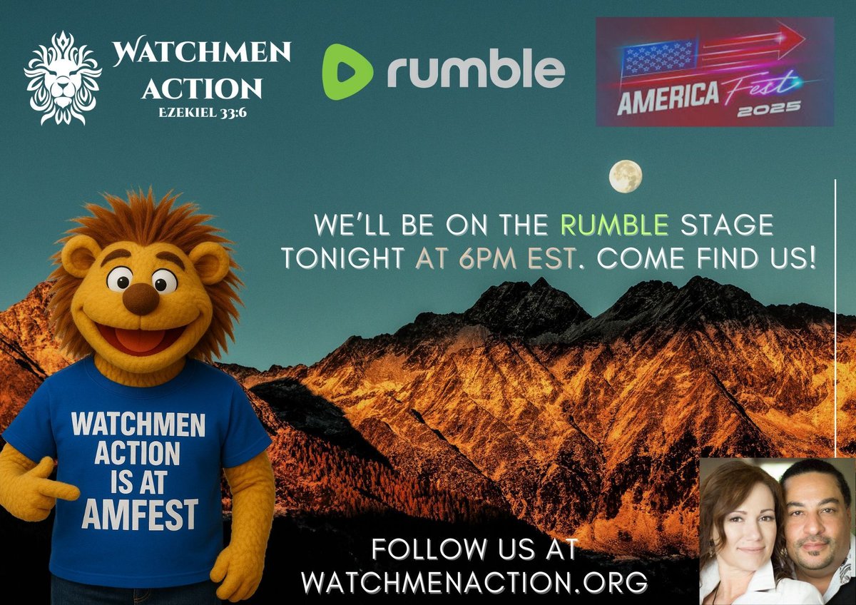 realrcwilliams's tweet image. Tonight is about truth, courage, and calling. so meet us at the #RumbleStage onsite at #MediaRow or watch us tonight at amfest.com: 3PM PST - 4PM MST - 5PM CST - 6PM EST 

Follow us at watchmenaction.org #RumbleLive #RumbleCreators #LiveOnRumble #FaithVoices