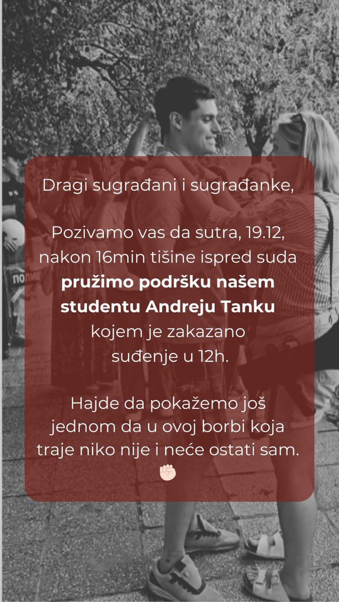 #Pančevo 
19.12.2025.
12:00
Kod zgrade suda
Andrej Tanko treba našu podršku 
<a href="/studentblokade/">Studenti_U_Blokadi</a> 
<a href="/etfblokada/">ETF Blokada</a>