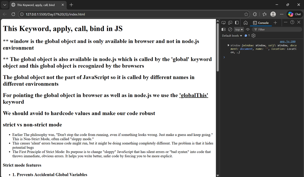 gauravp012's tweet image. Day 37: this keyword + call/apply/bind! 🎯

✅ this = who called the function
✅ Strict vs non-strict mode behavior
✅ Arrow functions keep lexical this
✅ call(), apply(), bind() creates reusable function
Thanks @rohit_negi9 bhaiya 🙌
#WebDevJourney #JavaScript #CoderArmy