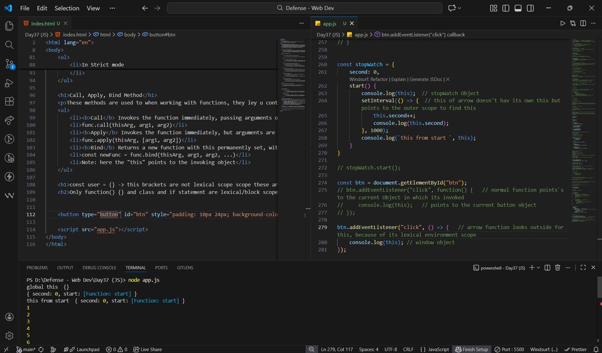 gauravp012's tweet image. Day 37: this keyword + call/apply/bind! 🎯

✅ this = who called the function
✅ Strict vs non-strict mode behavior
✅ Arrow functions keep lexical this
✅ call(), apply(), bind() creates reusable function
Thanks @rohit_negi9 bhaiya 🙌
#WebDevJourney #JavaScript #CoderArmy