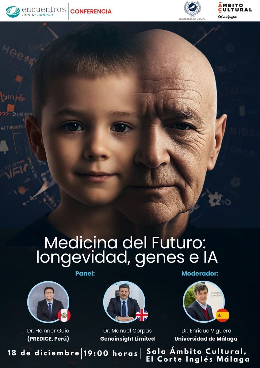 PlanetaExplora's tweet image. Comienza la interesante charla Medicina del futuro, longevidad, gena e IA con @HeinnerGuio , @manuelcorpas y @EnriqueViguera  en @enc_ciencia con otra sala llena en @ambitocultural del Corte Inglés en Málaga.