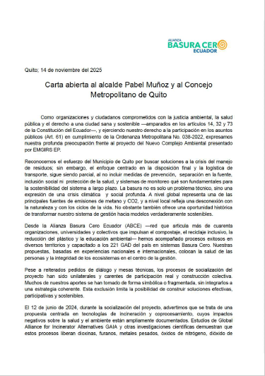 BasuraCeroEC's tweet photo. Hace un mes que esperamos la respuesta del alcalde @pabelml!!! Desde la ABCE proponemos un modelo de gestión de los residuos justo, fácil, descentralizado, entendiendo la crisis climática y hasta más barato. #BasuraCeroEsPosible #NOalCoprocesamiento https://t.co/1c2PEyyhRZ