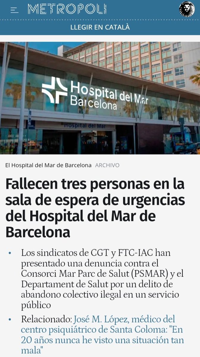 Tres ancianos muertos tras pasar hasta 70 horas esperando en urgencias.

La izquierda que gobierna presume de sanidad pública y de subir impuestos, mientras deja morir a nuestros mayores en una sala de espera.

La sanidad real de los socialistas: un modelo fracasado que mata.