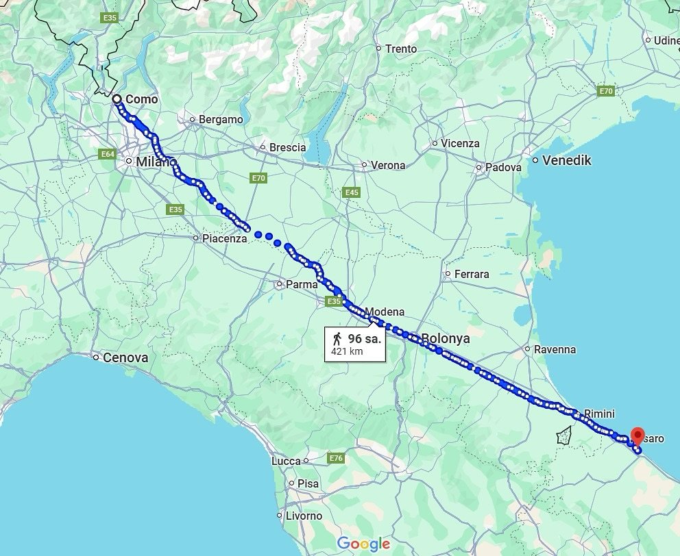 Karısıyla tartıştıktan sonra sakinleşmek için 450 kilometre yürüyen İtalyan adamın yürüyüş rotası.

48 yaşındaki adam Koronavirüs döneminde eşiyle tartışmış, evi terkedip bir hafta sonra 450 km uzakta bulunmuştu.