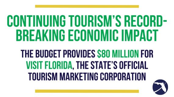 TOURISM’S RECORD-BREAKING ECONOMIC IMPACT:

The Floridians First Budget provides $80 million for VISIT FLORIDA, the state’s official tourism marketing corporation, and a source of travel planning for visitors across the globe supports Florida’s status as a leading international