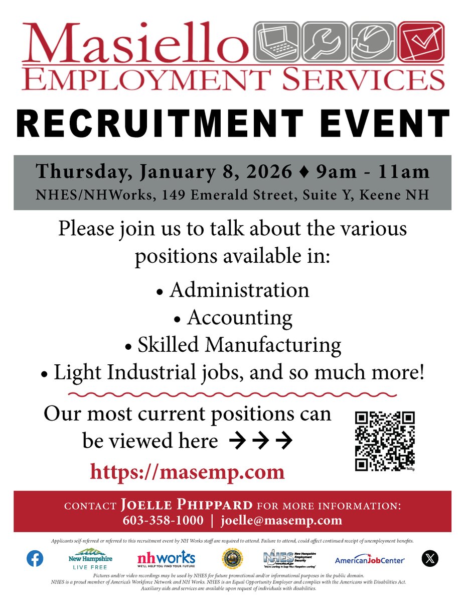 NHESWorking's tweet image. Masiello Employment Services Recruitment Event
Thursday, January 8, 2026
9:00am - 11:00am

NHES / NHWorks
149 Emerald Street
Keene, NH 03431

#NHWorks #NHES #JobsInNH #NHJobs