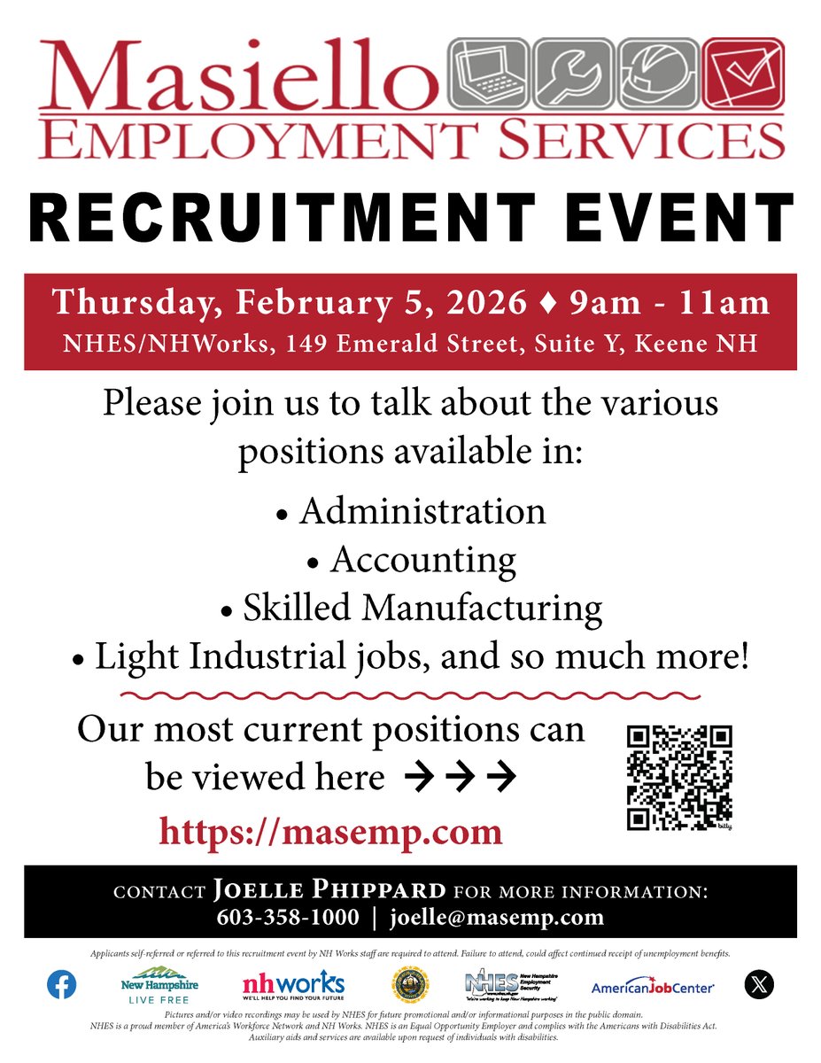 NHESWorking's tweet image. Masiello Employment Services Recruitment Event
Thursday, February 5, 2026
9:00am - 11:00am

NHES / NHWorks
149 Emerald Street
Keene, NH 03431

#NHWorks #NHES #JobsInNH #NHJobs