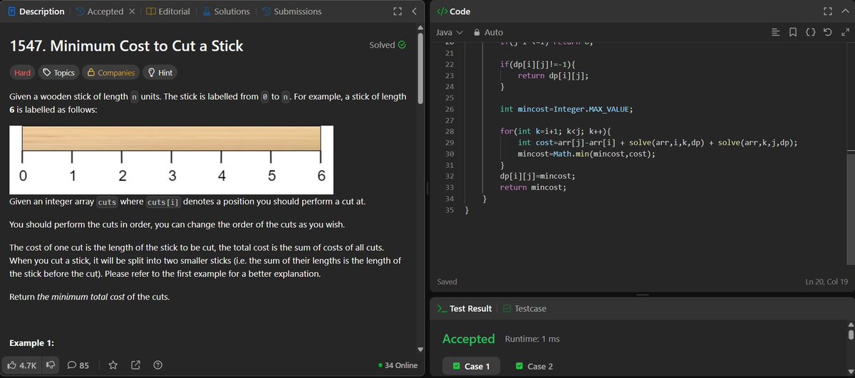 x_bughunter's tweet image. Solved LeetCode 1547 using DP + Memoization 🧠
Interval DP, smart recursion, and overlapping subproblems.
Cut once, cache forever. ✂️
#DynamicProgramming #Memoization #LeetCode #DSA #Java