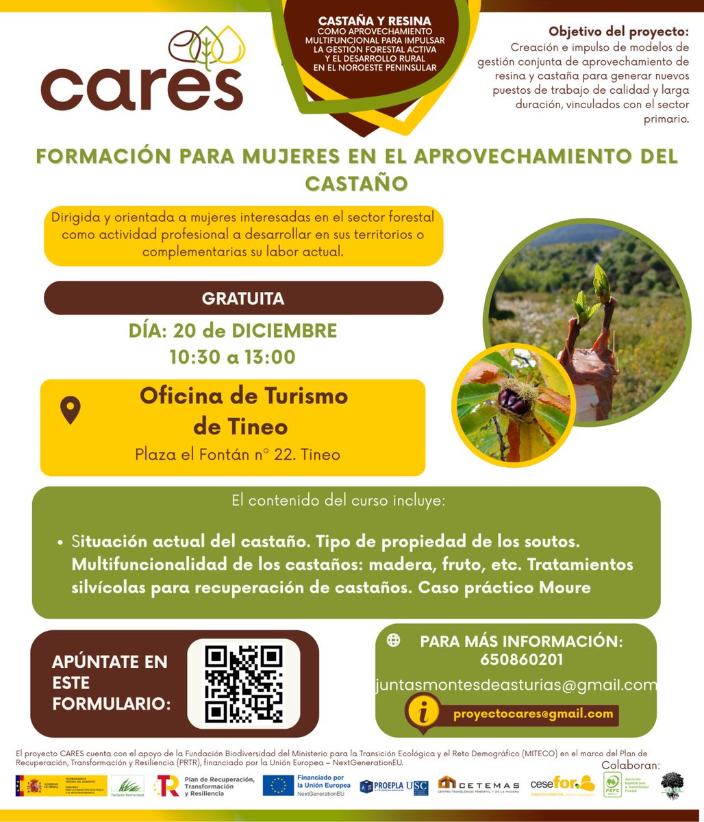 ProyectoCARES's tweet photo. Aún puede formarte con CARES en el aprovechamiento del #castaño. Formación PRESENCIAL y GRATUITA este sábado 20/12 en Tineo (Asturias). 

📅¿Cuándo?  Sábado 20 de Diciembre, en horario de 10:30h a 13:00h
📍¿Dónde? Oficina de Turismo de Tineo, Plaza el Fontán número 22

🌰 Dirigida a mujeres interesadas en el emprendimiento en el sector primario y el aprovechamiento del castaño como una actividad profesional a desarrollar en sus territorios o como complemento a sus rentas actuales.

🖋️Inscripción en https://t.co/GbnORkuXAw

La formación abordará el contexto actual de las masas de castaño y castañicultura, los métodos de obtención, los principales cuidados del castaño, buenas prácticas en el aprovechamiento y seguridad laboral, junto con la comercialización del producto y su transformación y viabilidad de los modelos de negocio. 

……………………………………………………………………………………
🌲 🌲🌲
@CETEMAS , @FCesefor , @PEFCSpain , Juntas de Montes de Asturias #JUMA y Universidade de Santiago de Compostela (grupo de investigación #PROePLA) impulsan Proyecto CARES con el apoyo de @FBiodiversidad 
 #ProyectosPRTR #PlanDeRecuperación #NextGenerationEU

Consulta todos los detalles en https://t.co/8c6diimra1