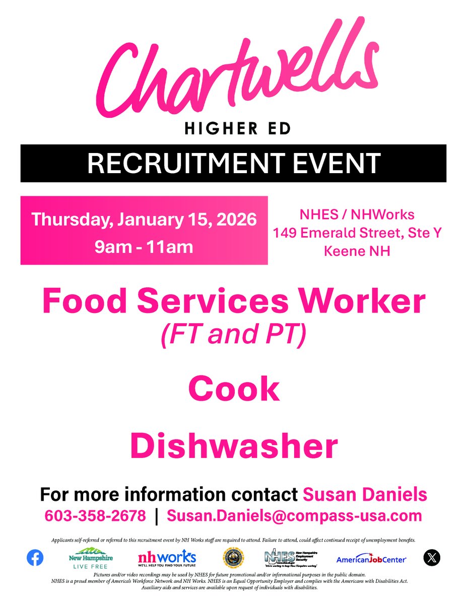 NHESWorking's tweet image. Chartwells Higher Ed Recruitment Event
Thursday, January 15, 2026
9:00am - 11:00am

NHES / NHWorks
149 Emerald Street, Suite Y
Keene, NH 03431

#NHWorks #NHES #JobsInNH #NHJobs