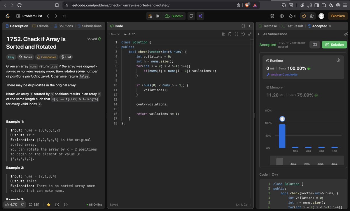 _PrathamGambhir's tweet image. Today's work of #100DaysOfCode 

•DSA (#StriversA2ZDSASheet) 
-Completed merge sort, quick sort, recursive bubble &amp;amp; insertion sort
-Leetcode 
1.Largest Element in an Array with &amp;amp; without sorting
2.Check if Array Is Sorted &amp;amp; Rotated
3.Remove Duplicates from Sorted Array

(🧵1/2)