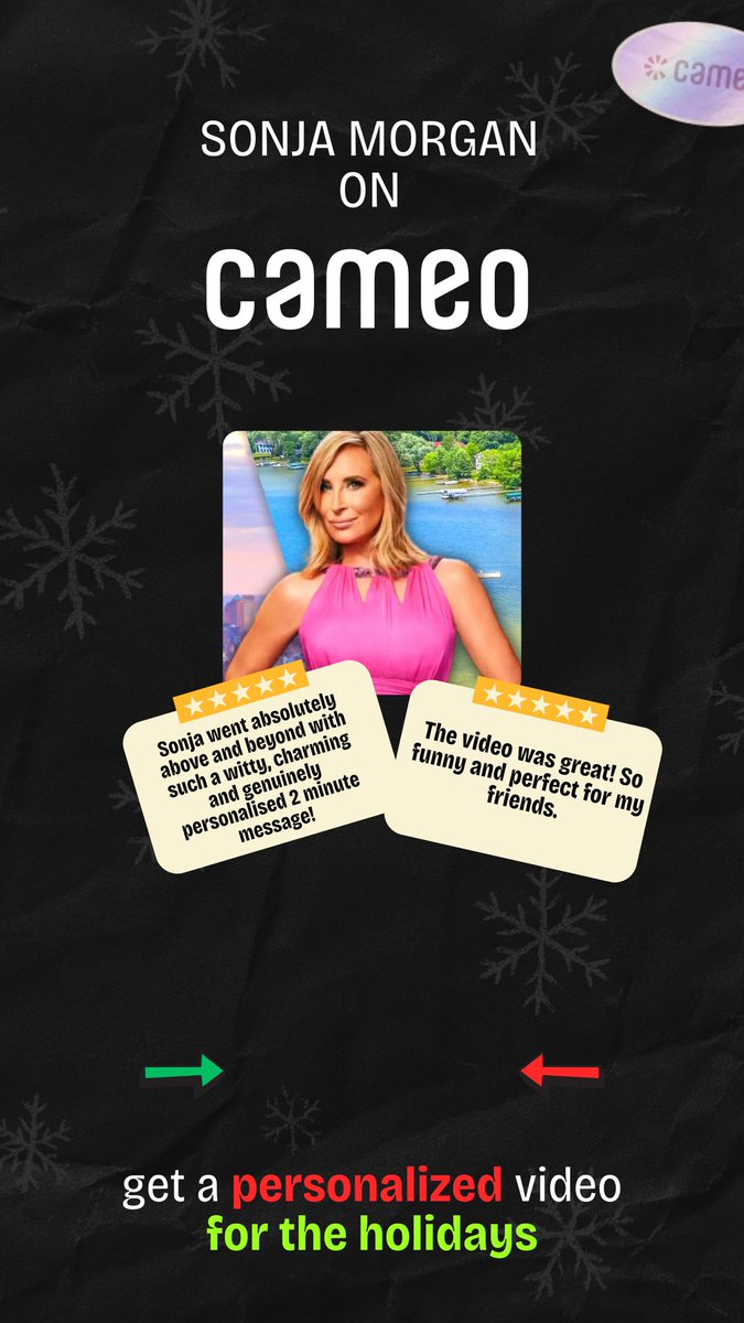 SonjatMorgan's tweet image. The best stocking stuffers 🎁 
Now 20% OFF ✨ 

🔗 cameo.com/sonjatmorgan 
#PepTalk #WordsOfWisdom #GiftIdea #Wedding #Graduate #RHONY #Sonja #Cameo