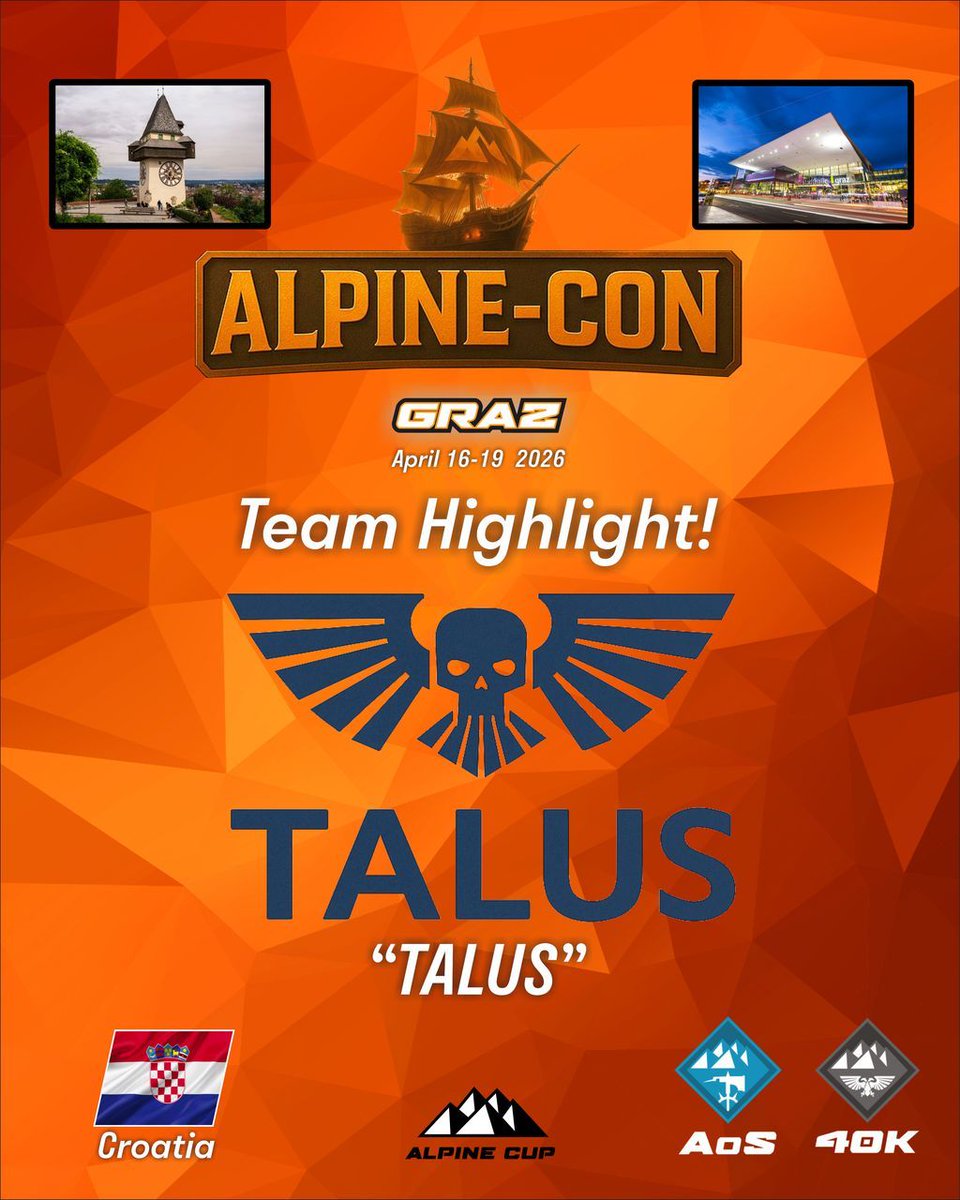 TheAlpineCup's tweet image. Exciting news from Team Talus! 😀 🚨 🔥 

We're thrilled to announce that the Croatian team Talus will be competing in both Warhammer 40,000 and Age of Sigmar at ALPINE-CON – the flagship event from The Alpine Cup!⛵ ⛰️ 

Get ready for epic battles in the heart of the Alps.