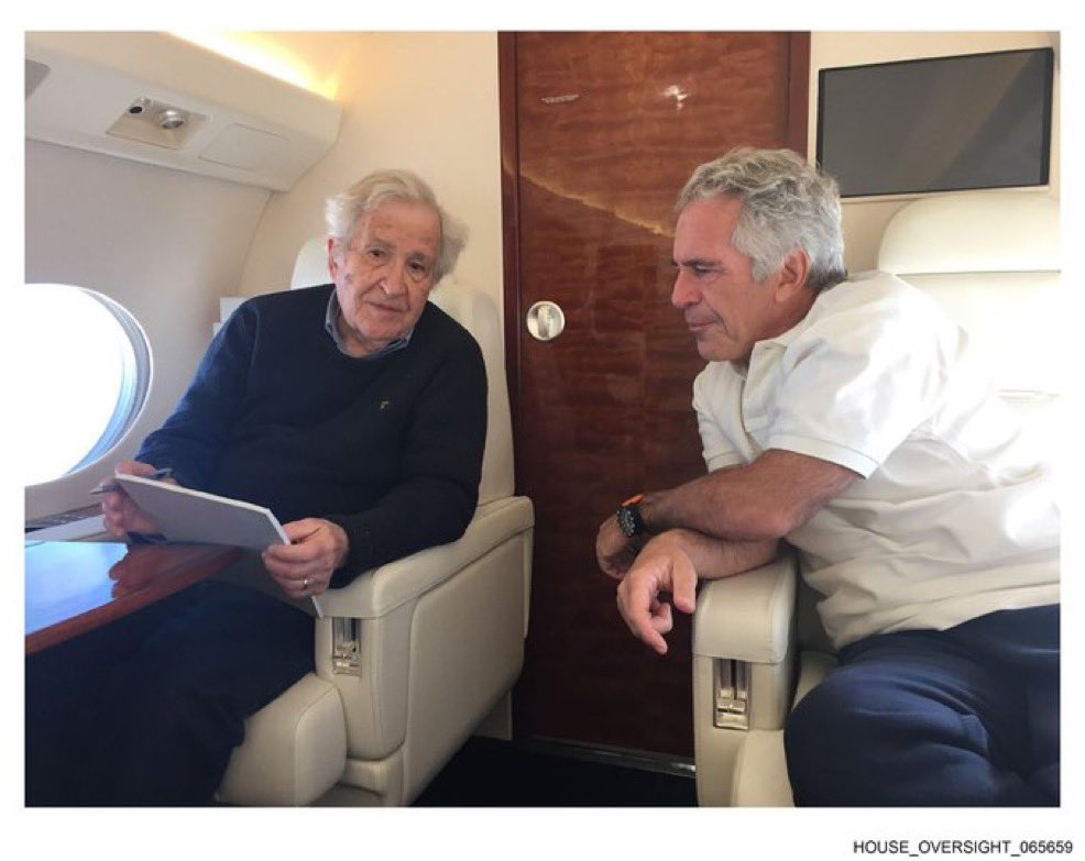 KareemRifai's tweet image. Noam Chomsky taking a break from doing genocide denial to chill on Epstein's jet.