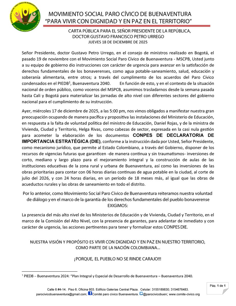 📢 Presidente <a href="/petrogustavo/">Gustavo Petro</a>
Desde el Movimiento Social Paro Cívico de Buenaventura  exigimos acciones urgentes para cumplir los acuerdos del Paro Cívico y garantizar derechos fundamentales: agua, educación, salud y dignidad de Buenaventura.

#Buenaventura #ParoCívico #VamosPueblo